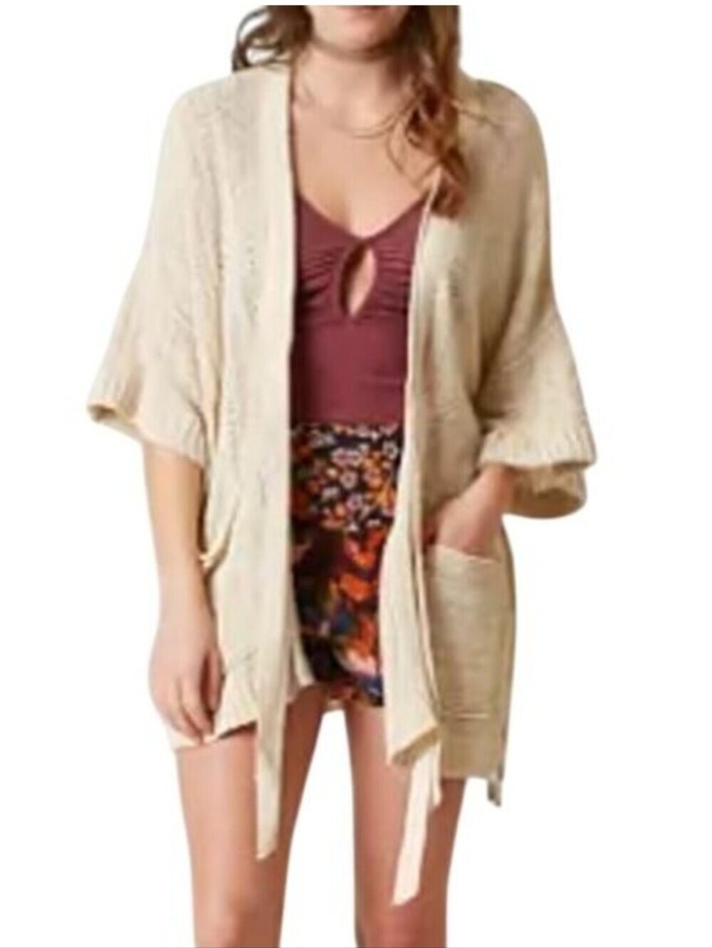 Free People Oversized Beach House Brunch Open Knit Tie Front Cardigan Sweater